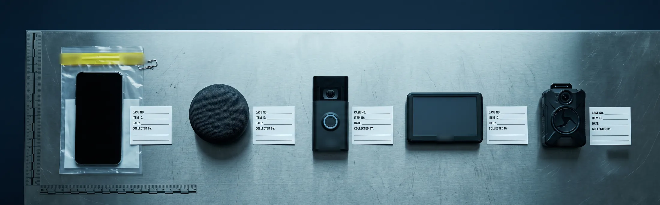 A smartphone in an evidence bag, a smart speaker, a video doorbell, a GPS unit, and a body camera laid out on a steel lab table, each with an evidence label