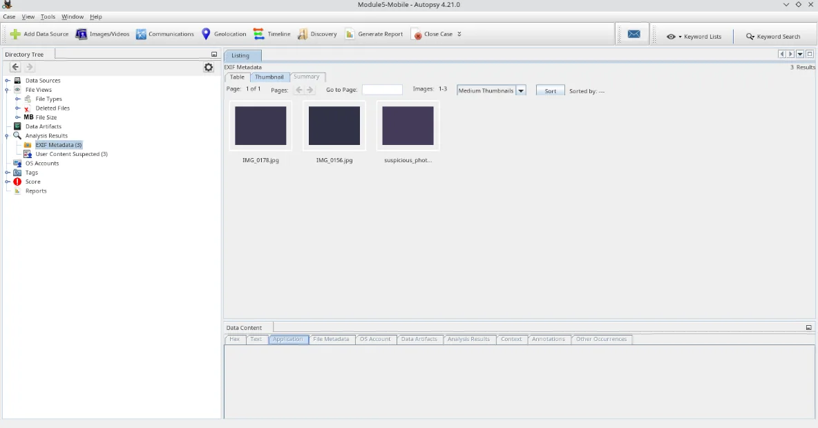Autopsy running in the browser-based lab, showing thumbnails of photo evidence recovered from a simulated mobile device case